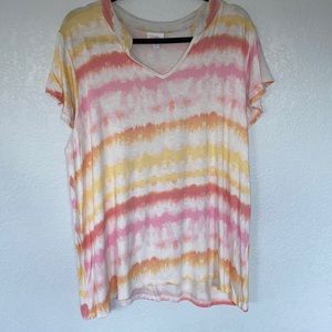 LuLaRoe Pink, Orange, and Yellow Watercolor TieDye Look. V-Neck Tee. XL. EUC.